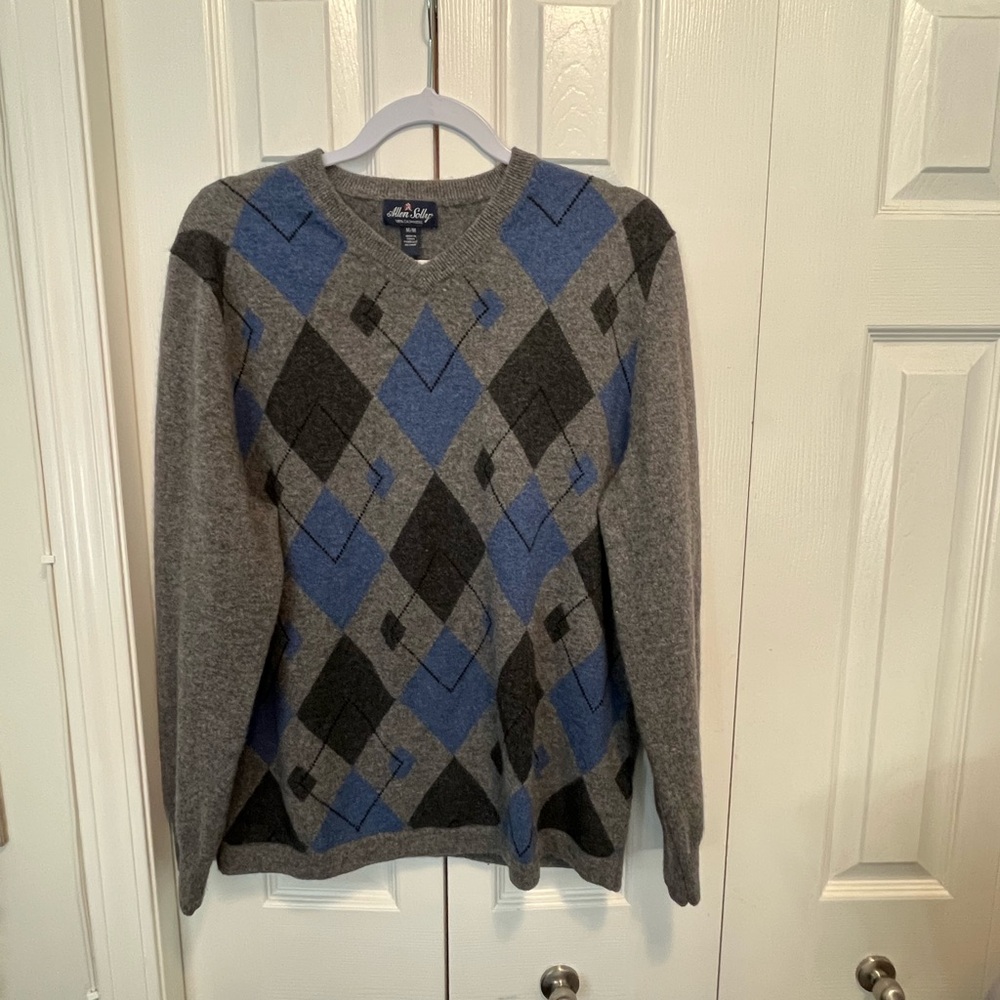 Allen Solly size M Men's Gray and Blue Argyle Sweater 100% Cashmere